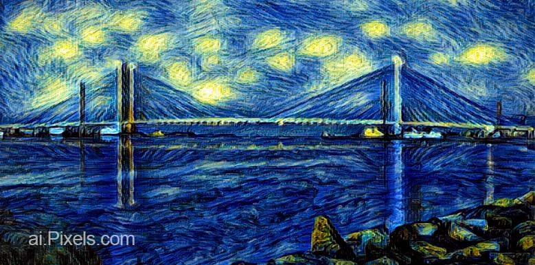 indian river inlet bridge with a van gogh-style starry night presentation